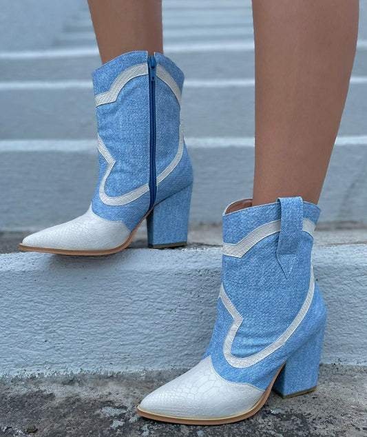 Denim and White Boots